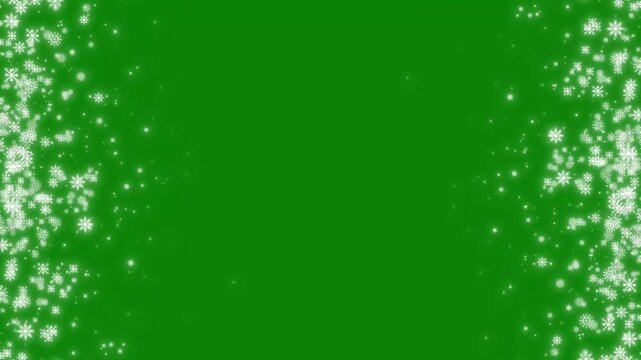 4k falling snowflakes side borders and glowing magic dust particles on chroma key green screen background for winter holiday video editing and festive frames