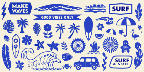 Blue Silhouette Icons Featuring Waves Palm Leaves And Summer Themed Illustrations beach coastal © ShreeShuvoKumar
