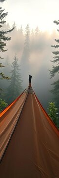 Tent fabric gently rustling in morning breeze, surrounded by mystical misty forest, peaceful, ||misty forest