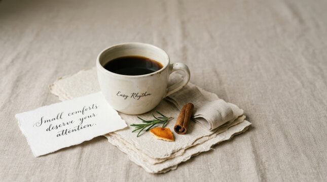 Rustic ceramic cup of black coffee with inspirational quote on handmade paper and aromatic spices like cinnamon and rosemary on linen fabric creating a cozy and mindful atmosphere at home right