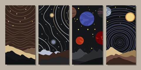 Retro styled planetary scenes with concentric circles and mountainous landscapes vector illustration celestial bodies © ShreeShuvoKumar