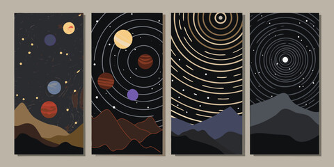 Retro sci fi planetary scenes with stylized planets stars and landforms vector illustration © ShreeShuvoKumar