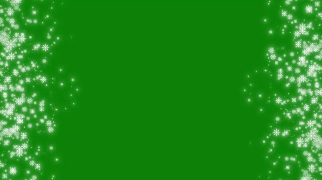 4k side frame snowflake and glowing light burst particles animation on chroma key green screen background for holiday and winter season video editing overlays