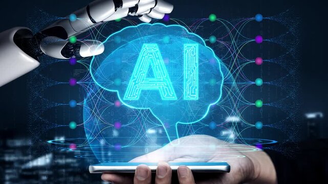 Futuristic Robot Hand Interacting with AI Concept on Smartphone Against Digital Background with Neuro Connections and Light Circles Sigmoid