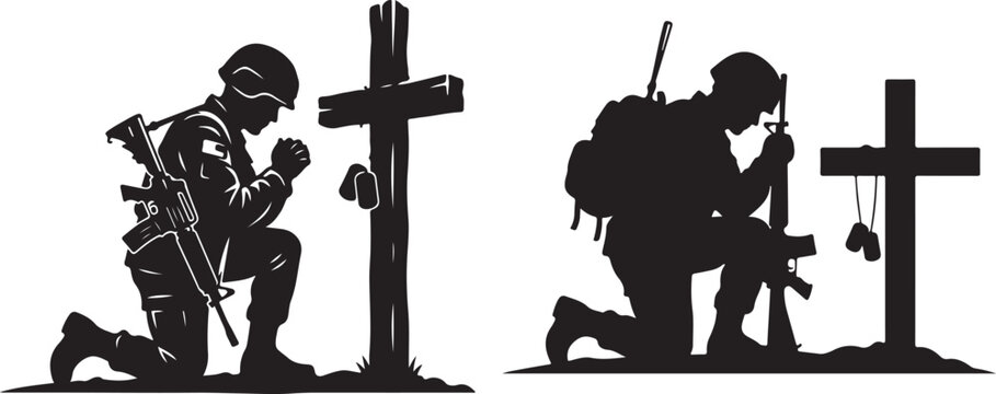 Honoring veterans day silhouette of soldier kneeling in prayer before a cross memorial remembrance illustration