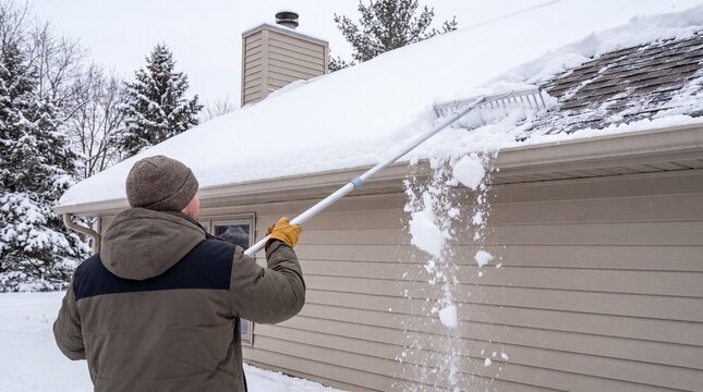 Man removing heavy snow from house roof using telescopic roof rake tool in winter. Rear view of homeowner clearing snowfall off shingles to prevent ice dams, horizontal shot