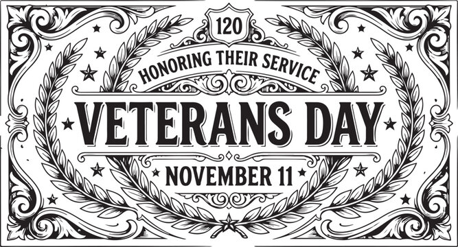 Honoring veterans day vintage style graphic with laurel wreath stars and november 11th date