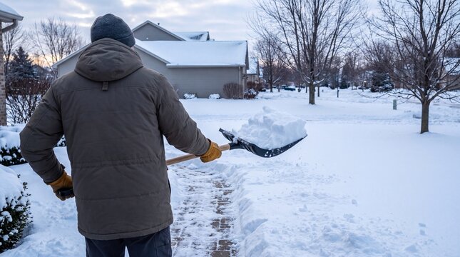 Man shoveling snow from walkway outside suburban house in winter. Rear view of person in winter jacket and gloves clearing path from heavy snowfall during cold weather season