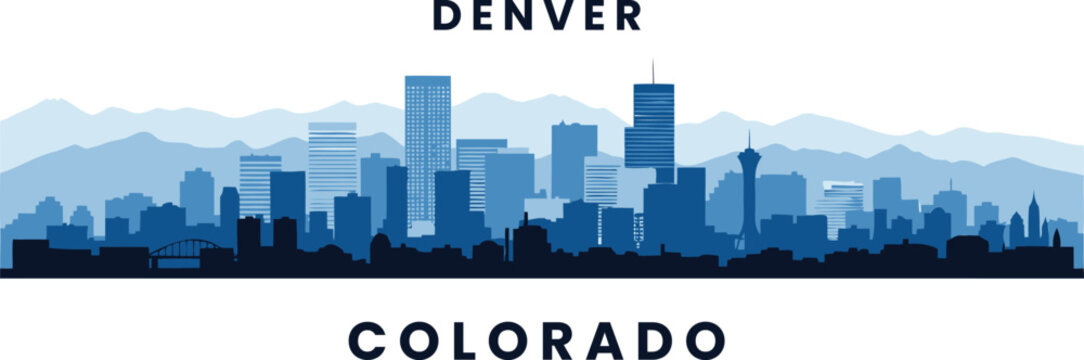 Minimalist Denver city skyline and Rocky Mountains silhouette illustration