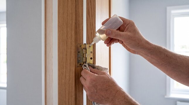 Man oiling interior door hinge using oiler bottle and cloth
