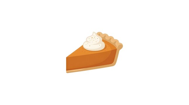 Clean flat vector illustration of a traditional slice of pumpkin pie topped with whipped cream and cinnamon sprinkle. Isolated on a clean white background, ideal for Thanksgiving dessert menus, bakery