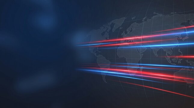 Abstract breaking news background with digital world map and glowing light trails