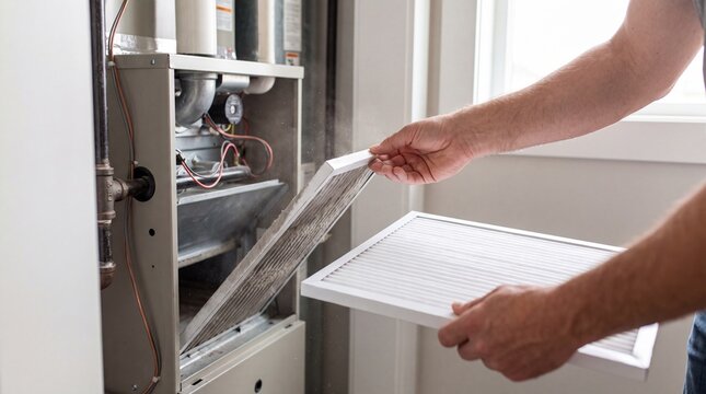 Technician replacing dirty dusty air filter with clean new one in home HVAC furnace system