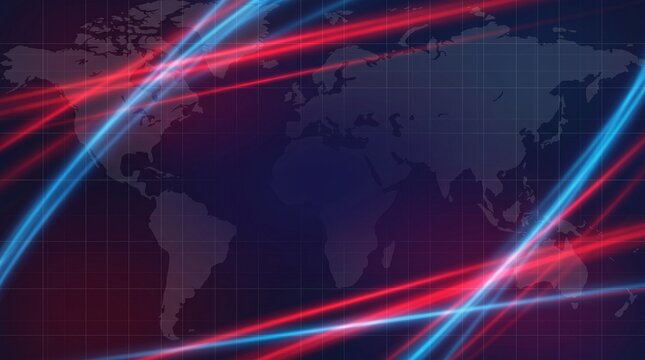 Abstract breaking news background with digital world map and curved glowing light streaks