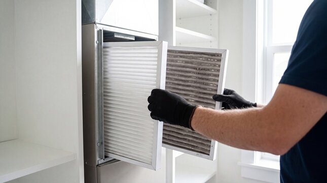Close-up view of technician hands in black gloves changing air conditioner ventilation filter for home maintenance and indoor air quality, side profile shot