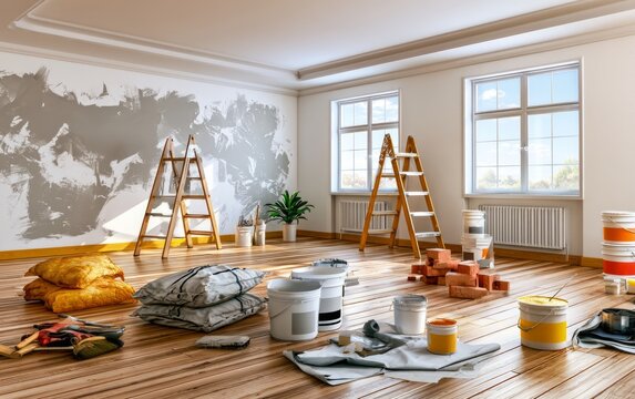 Bright and Empty Room Ready for Home Improvement with Paints and Tools for Renovation Projects