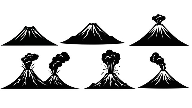 Volcano Eruption Icons - Active and Dormant Mountain Silhouettes