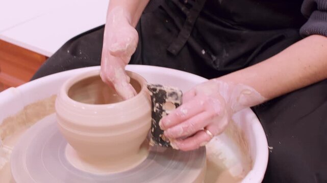 Potter sculpting. Handmade craft. Unrecognizable professional female hands forming clay pot using electric wheel in creative studio.