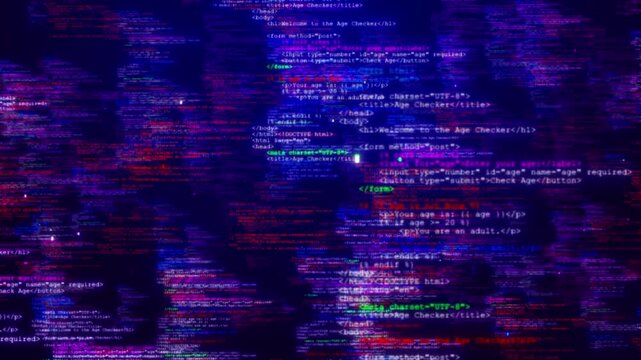 Purple digital programming code visual with blurred syntax layers, glowing web text, and colorful software interface depth. Perfect for coding videos, app promos, cyber intros, and motion overlays.