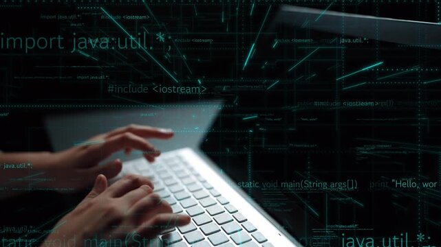 A close-up view of hands typing on a laptop keyboard, with glowing digital code and data elements in the background, emphasizing modern programming and technology themes. Xenic