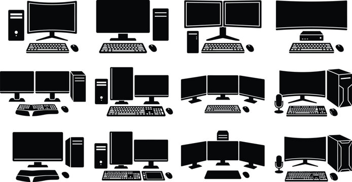 Desktop Computer Silhouettes with Monitors, Towers, and Accessories