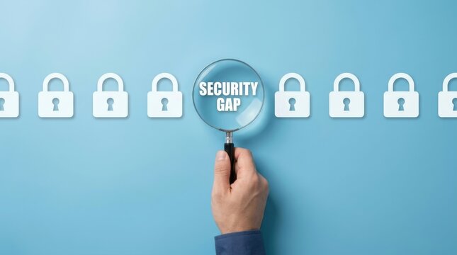 Professional hand holding a magnifying glass to reveal a security gap text among several white padlock icons on a blue background representing data vulnerability and cyber safety assessment audits