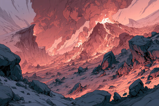 Volcanic Mountain Valley Erupting with Fire and Lava Background