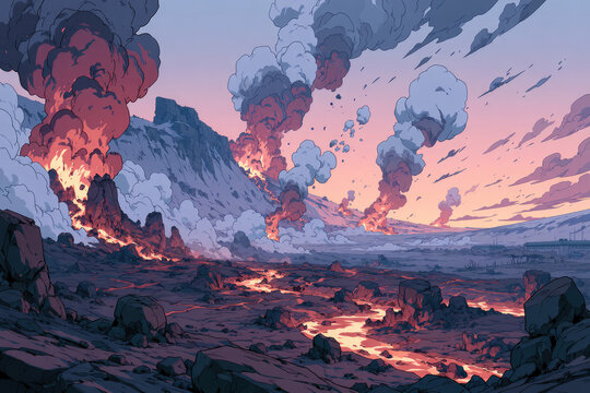 Volcanic Eruption Over Snowy Mountain Landscape Background