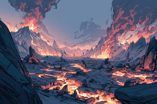 Erupting Volcano and Lava River Through Rocky Canyon Background