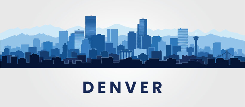 Denver skyline and Rocky Mountain peaks silhouette