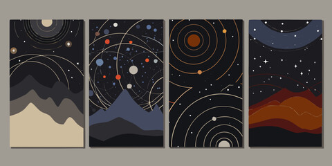 Celestial Pattern With Mountains And Planets A Set Of Four Retro Vector Illustrations © BasobiBala