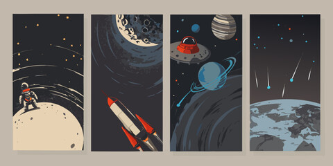Retro Space Exploration Scenes With Astronaut Rocket Planets And Meteor Shower Vector Illustration © BasobiBala