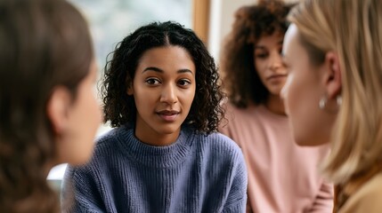 Fototapeta premium A young woman with curly hair speaks earnestly to friends during a supportive group conversation indoors under soft natural light