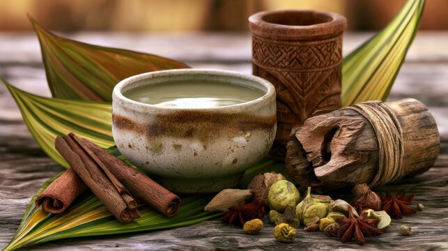 Still Life Composition with Ceramic Bowl, Spices, and Natural Elements on Rustic Wooden Surface
