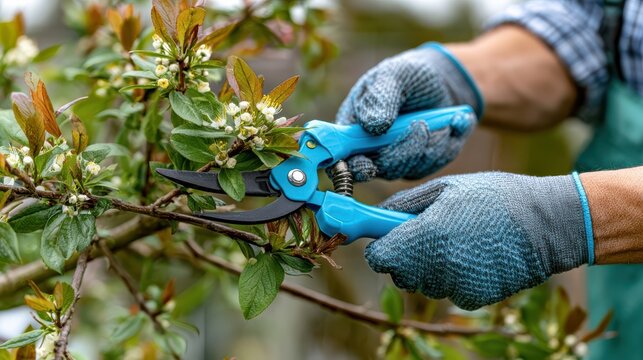 A person wearing gloves uses blue pruning shears to trim a flowering plant outdoors.