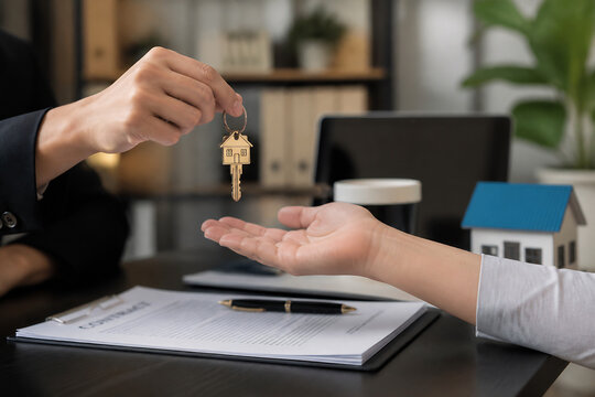 A person is handing a house key to another person over a contract on a table.