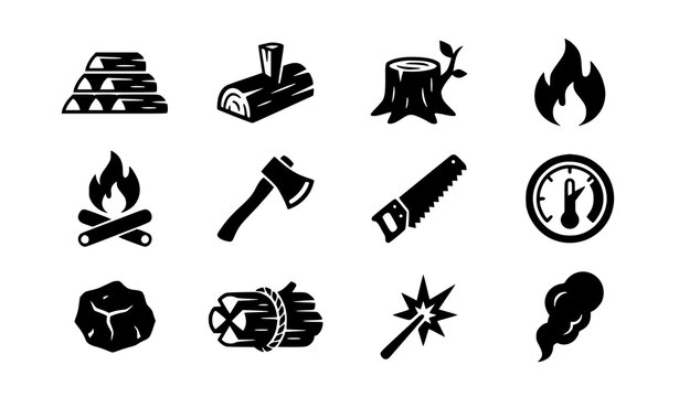 firewood, fire, flame, campfire, log, stump, axe, hatchet, thermometer, wood, camping, outdoor, heating, fireplace, outline, icon, vector, editable, minimal, collection, black, white, isolated, nature