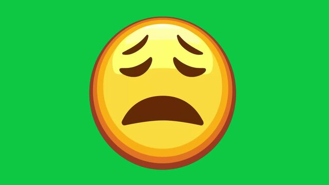 Sad weary emoji animation with downturned mouth expressing exhaustion and sorrow on green background