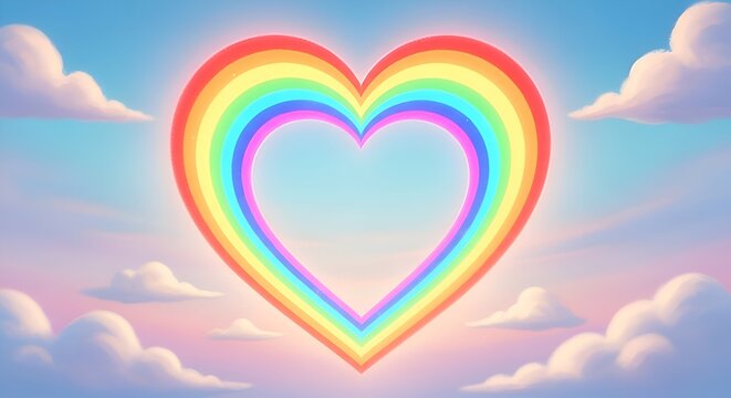 Vibrant rainbow heart shape glowing in a soft pastel sky with clouds