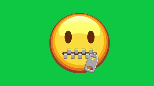 Zipped mouth emoji animation with zipper overlay representing silence, secrecy, censorship and muted expression concept green background