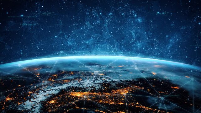 Captivating view of Earth from space, showcasing a beautiful night scene with lights and cosmic elements, enhanced by network connections and data visuals. Xenic