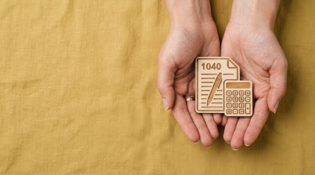 Hands holding a wooden 1040 tax form and calculator icon representing income tax return preparation, financial planning, and accounting services.