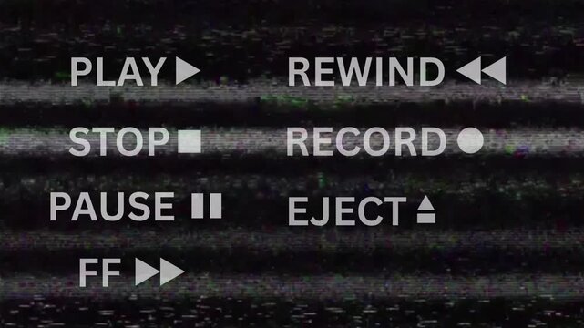 Retro graphic of classic analog video player controls. Iconic buttons play, stop, record, rewind, pause, eject, and fast forward, with a grainy texture, evoking nostalgic media technology