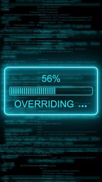 Digital system overriding progress bar with scrolling cyber security code background, technology cybersecurity