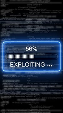 Cyber security exploit loading bar with blue neon interface and scrolling programming code background