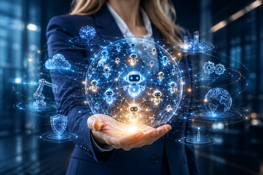 Autonomous AI Agent Ecosystem with Intelligent Multi-Agent Collaboration in Businesswoman's Hand