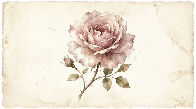 Vintage Watercolor Rose Illustration with Bud and Leaves on Textured Paper Background for Romantic and Delicate Design Projects