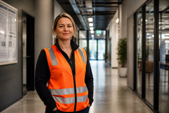 A woman in a safety vest stands in a modern office hallway.