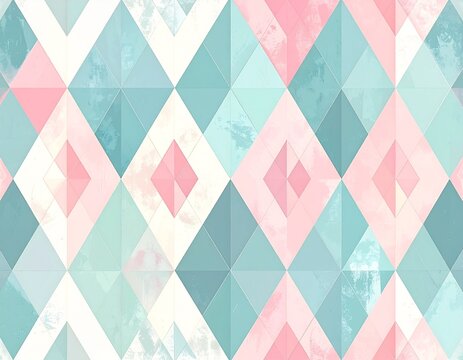 diamond argyle pattern, flat 2D geometric design, pastel pink blue and mint color palette