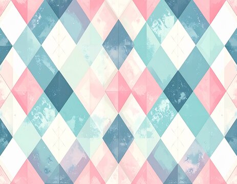 diamond argyle pattern, flat 2D geometric design, pastel pink blue and mint color palette